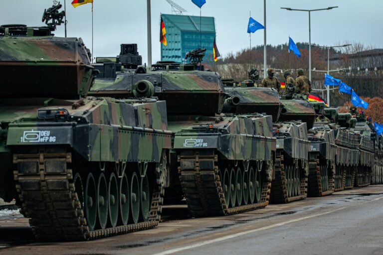 Column of Leopard 2 tanks at a NATO parade in Vilnius, Lithuania