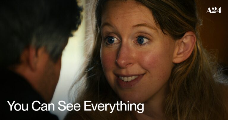 Promotional poster for the A24 documentary You Can See Everything featuring Elizabeth Holmes and Nathan Fielder.